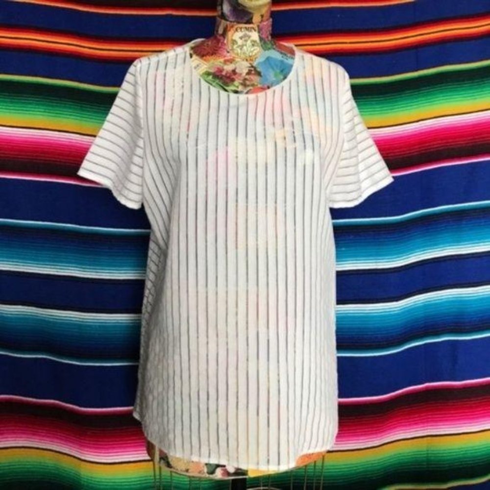 J Crew Shadow Stripe Top Contrast Sheer Mesh Panel - Picture 2 of 7